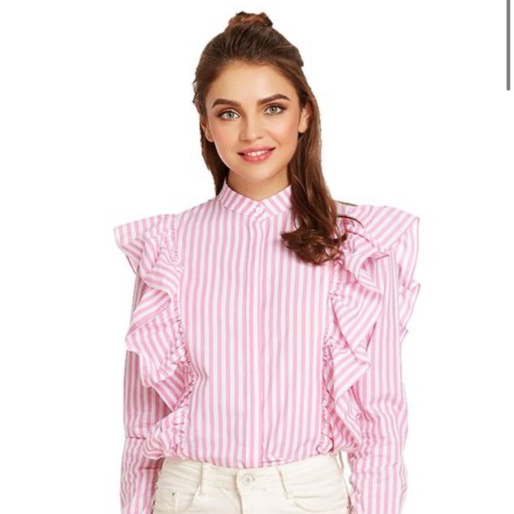 Shein Striped Ruffle Button Front Blouse